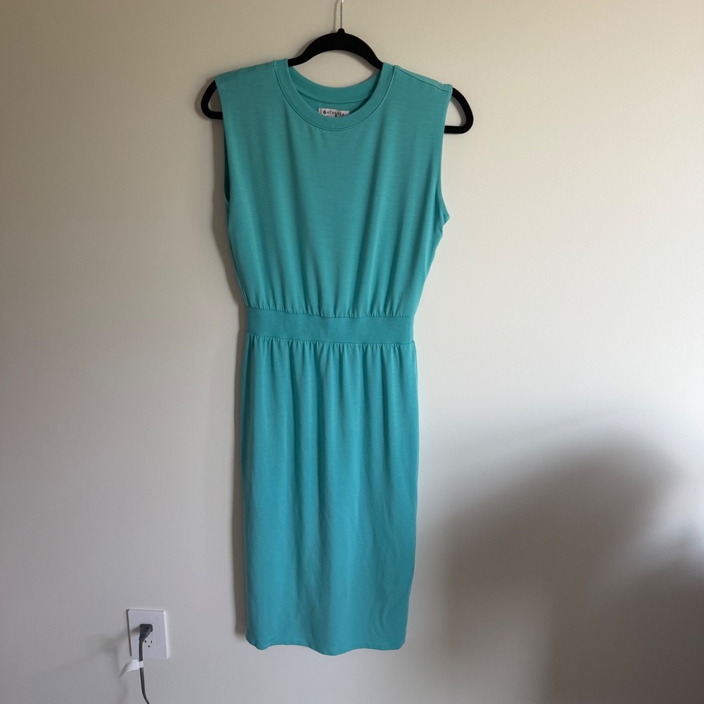 Athleta Santorini Cinch Dress Womens XS Teal Blue Sleeveless Modal Midi Knit